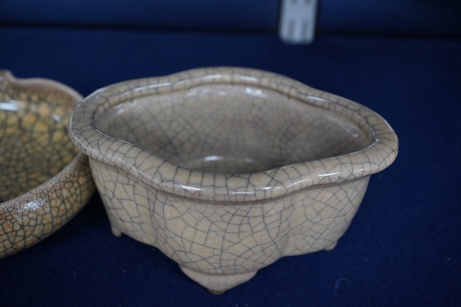 A Chinese crackle-glaze censer, 14cm wide, and a similar peach shaped brush washer, 12cm diameter (2). Condition - good.